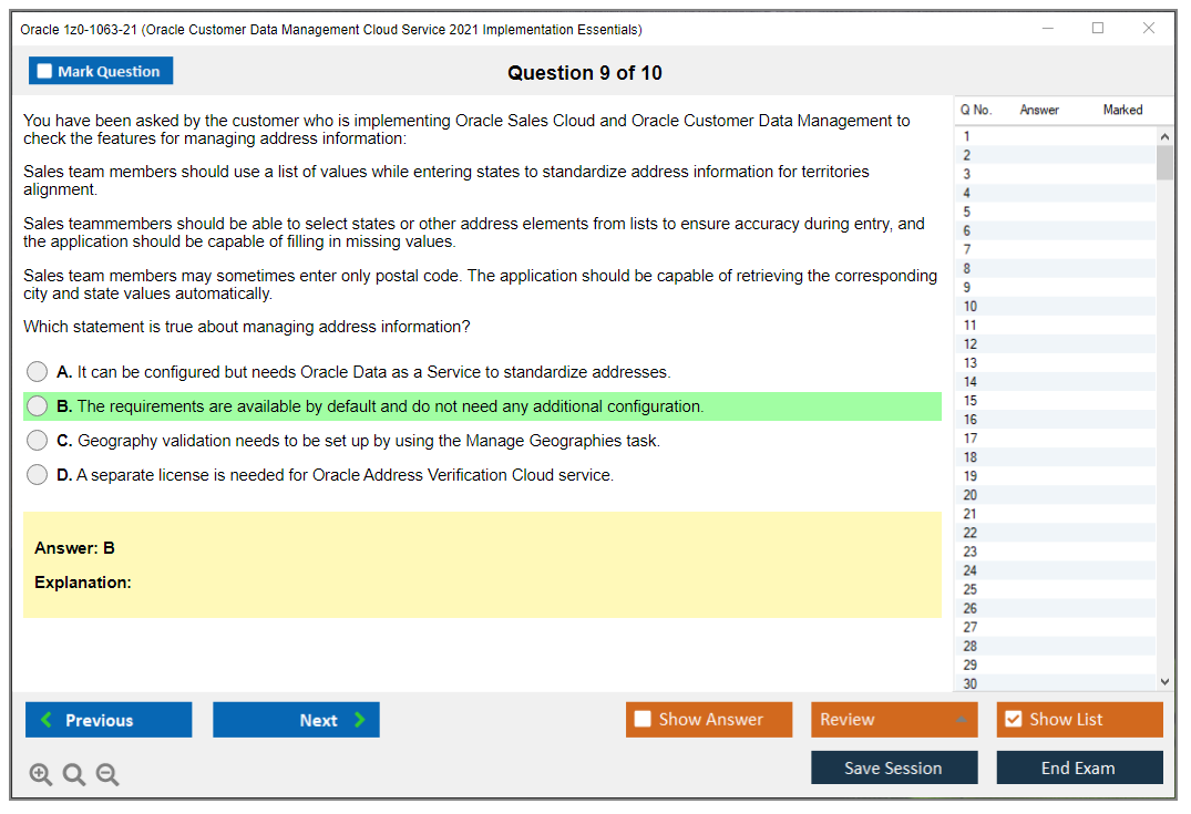 Oracle 1z0-1063-21 (Oracle Customer Data Management Cloud Service 2021 Implementation Essentials) Simulatore di esame Motore di test Dump degli esami 9