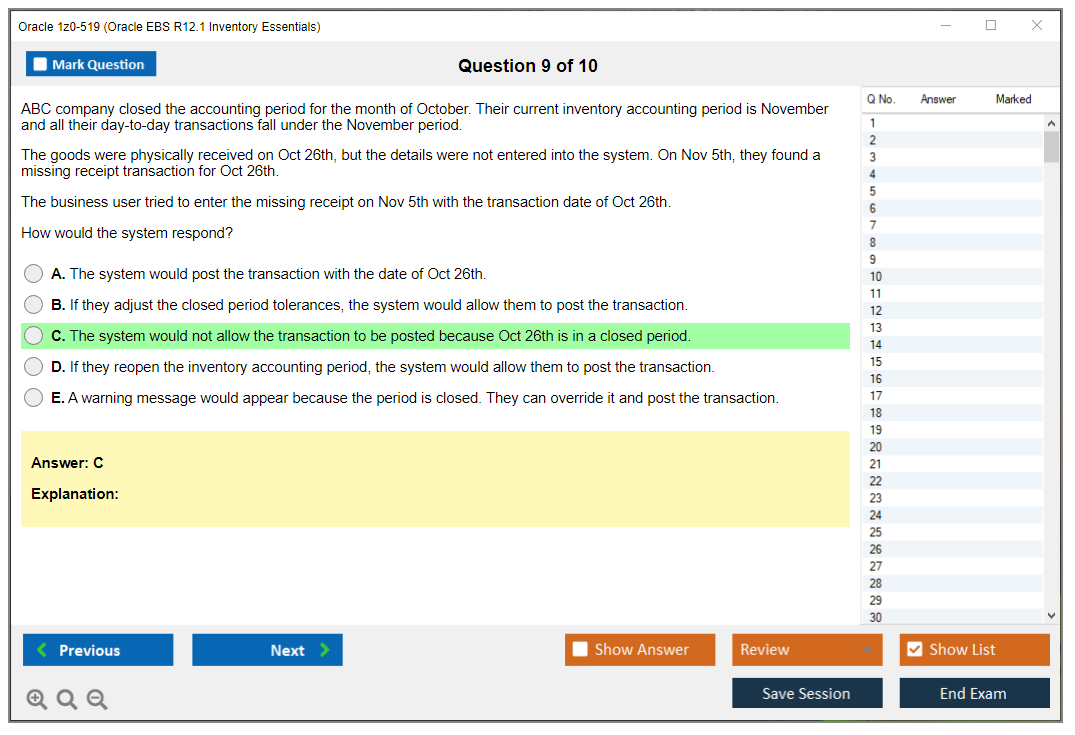 Oracle 1z0-519 (Oracle EBS R12.1 Inventory Essentials) Simulador de examen Motor de pruebas Dumps de examen 9