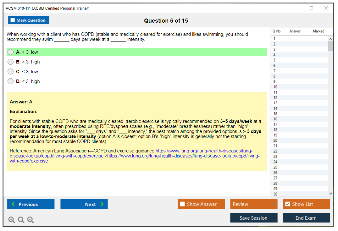 ACSM 010-111 (ACSM Certified Personal Trainer) Simulateur d'examen Moteur de test Dumps d'examen 6