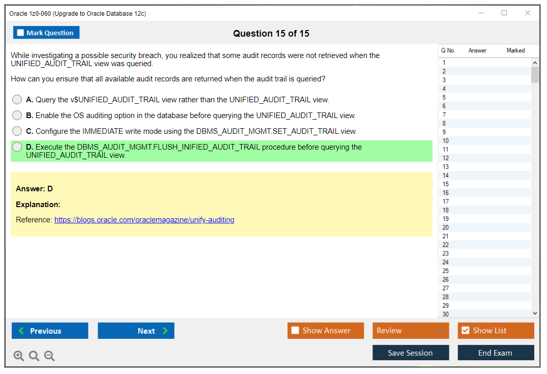 Oracle 1z0-060 (Upgrade to Oracle Database 12c) Симулятор экзамена Тестовый движок Экзаменационные дампы 15