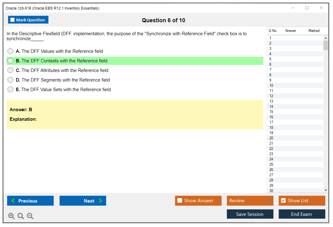 Oracle 1z0-519 (Oracle EBS R12.1 Inventory Essentials) Simulador de examen Motor de pruebas Dumps de examen 6