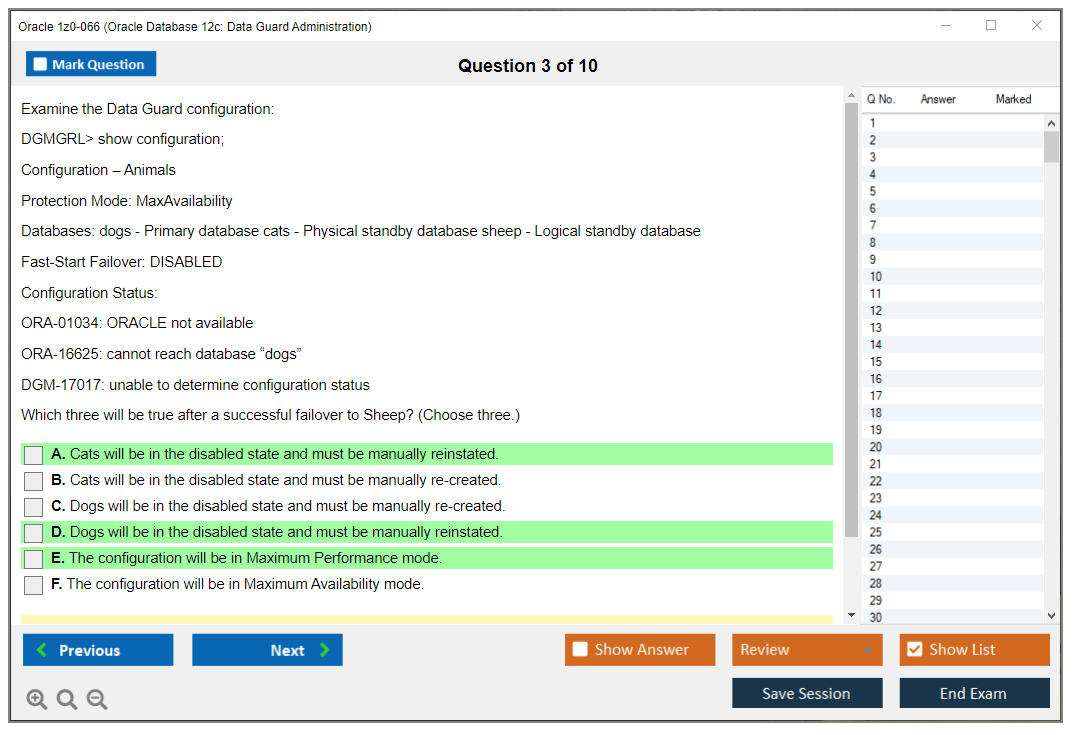 Oracle 1z0-066 (Oracle Database 12c: Data Guard Administration) Симулятор экзамена Тестовый движок Экзаменационные дампы 3