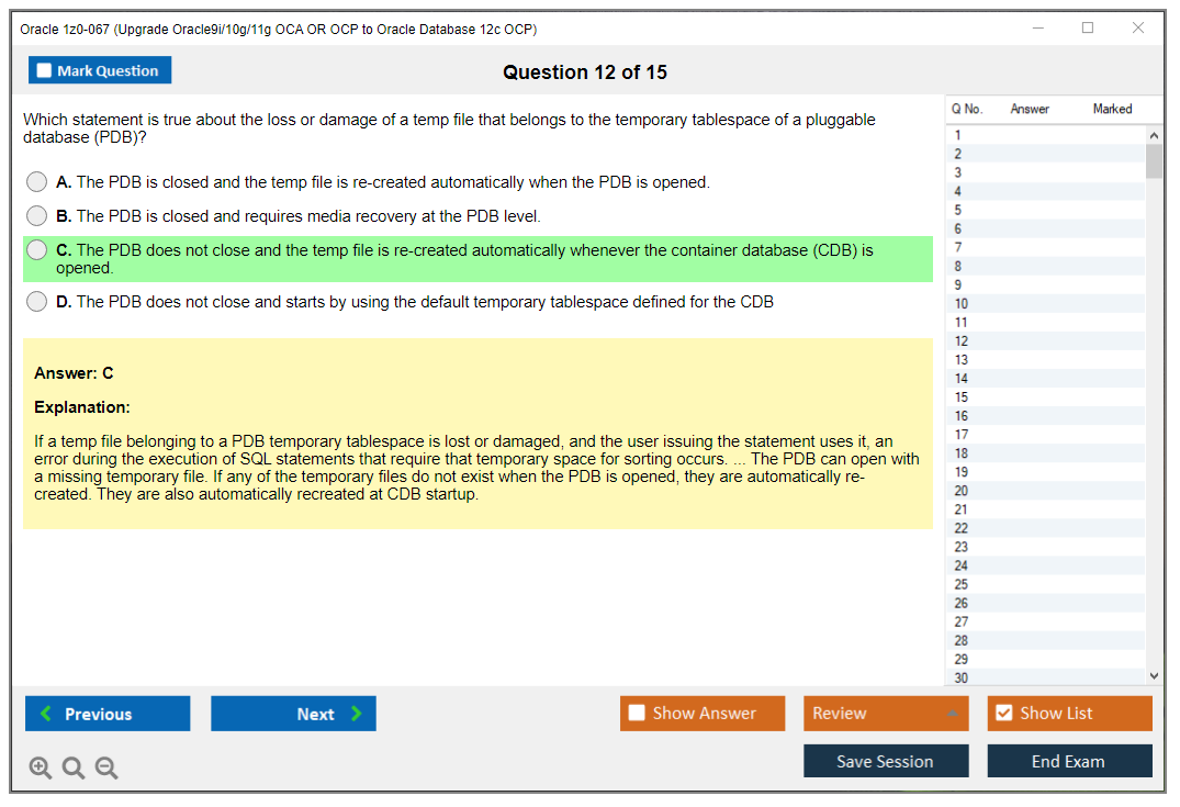 Oracle 1z0-067 (Upgrade Oracle9i/10g/11g OCA OR OCP to Oracle Database 12c OCP) Симулятор экзамена Тестовый движок Экзаменационные дампы 12