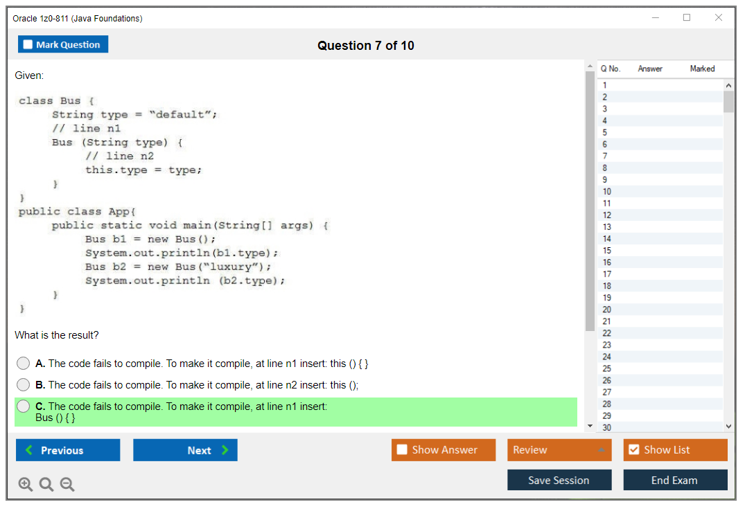 Oracle 1z0-811 (Java Foundations) Simulateur d'examen Moteur de test Dumps d'examen 7