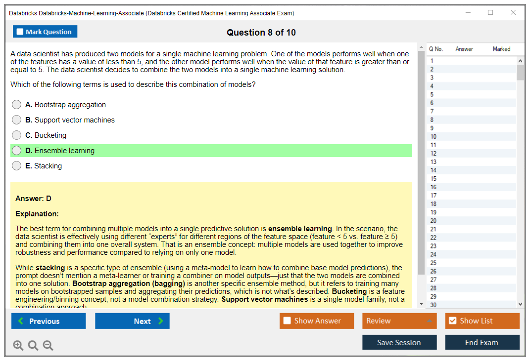 Databricks Databricks-Machine-Learning-Associate (Databricks Certified Machine Learning Associate Exam) Exam Simulator Test Engine Practice Exam 8