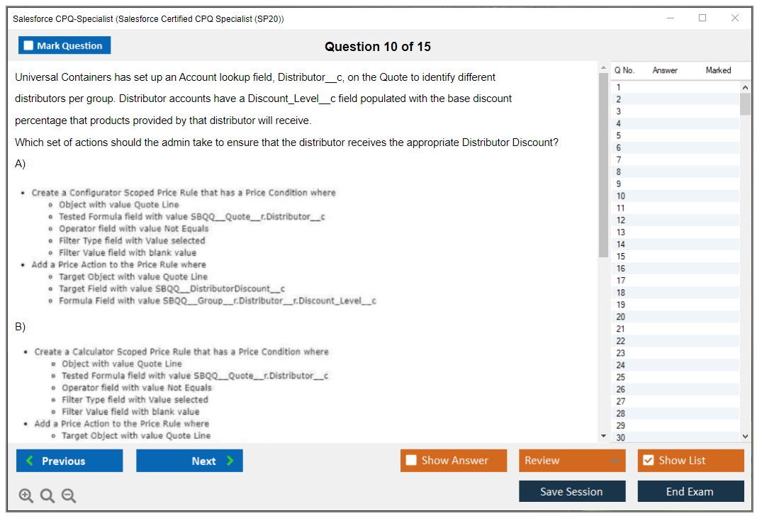 Salesforce CPQ-Specialist (Salesforce Certified CPQ Specialist) Симулятор экзамена Тестовый движок Экзаменационные дампы 10