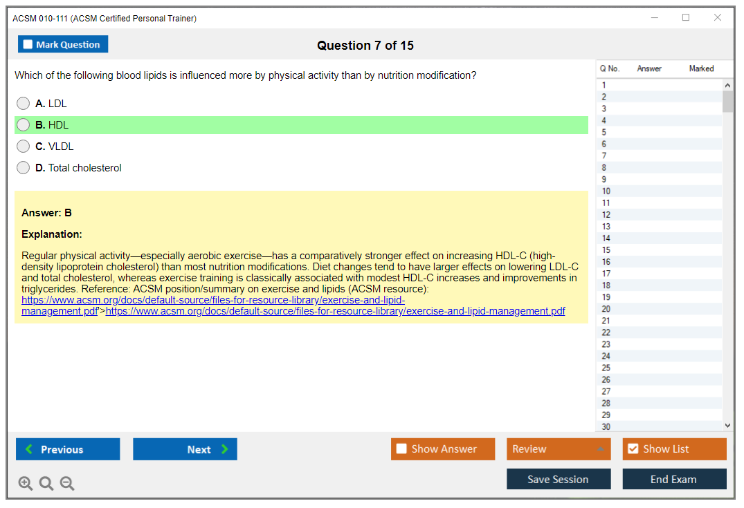 ACSM 010-111 (ACSM Certified Personal Trainer) Simulateur d'examen Moteur de test Dumps d'examen 7