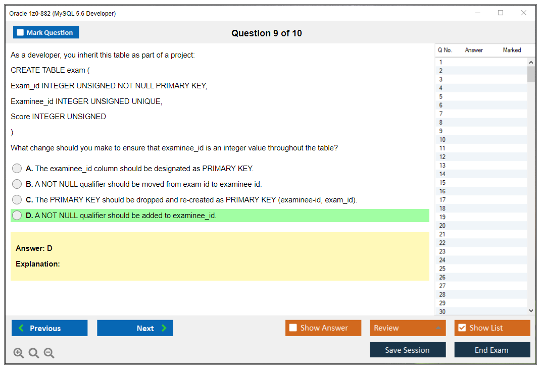 Oracle 1z0-882 (MySQL 5.6 Developer) Exam Simulator Test Engine Practice Exam 9