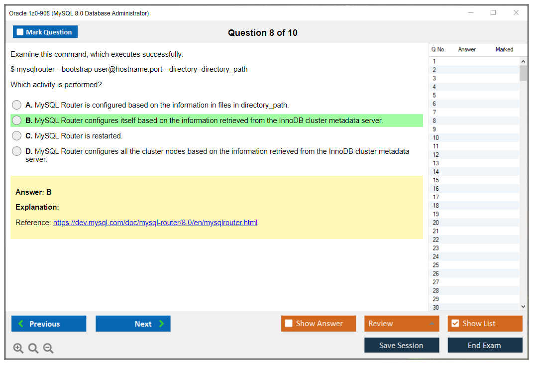 Oracle 1z0-908 (MySQL 8.0 Database Administrator) Simulador de exame Motor de teste Dumps de exame 8