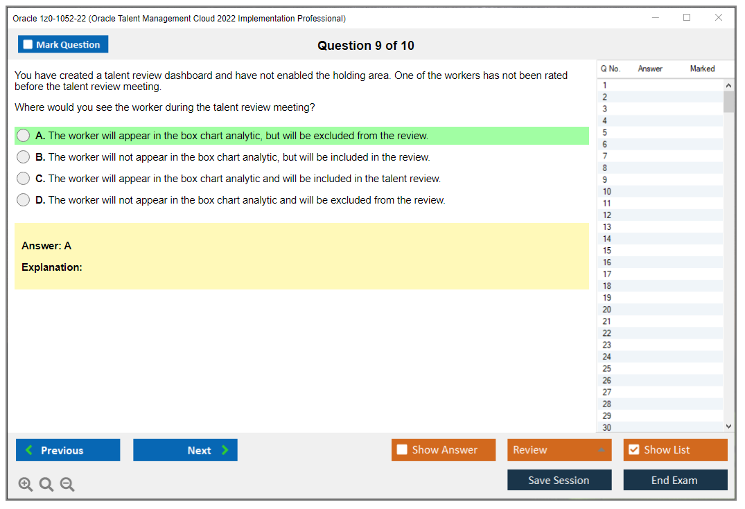 Oracle 1z0-1052-22 (Oracle Talent Management Cloud 2022 Implementation Professional) Simulatore di esame Motore di test Dump degli esami 9