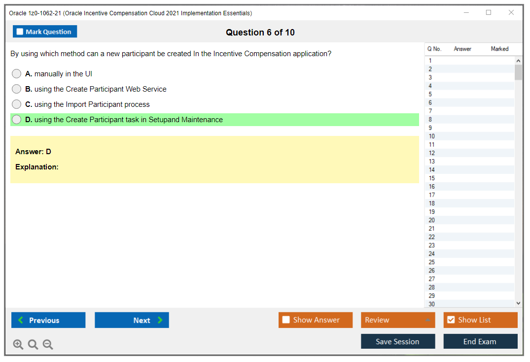 Oracle 1z0-1062-21 (Oracle Incentive Compensation Cloud 2021 Implementation Essentials) Simulatore di esame Motore di test Dump degli esami 6