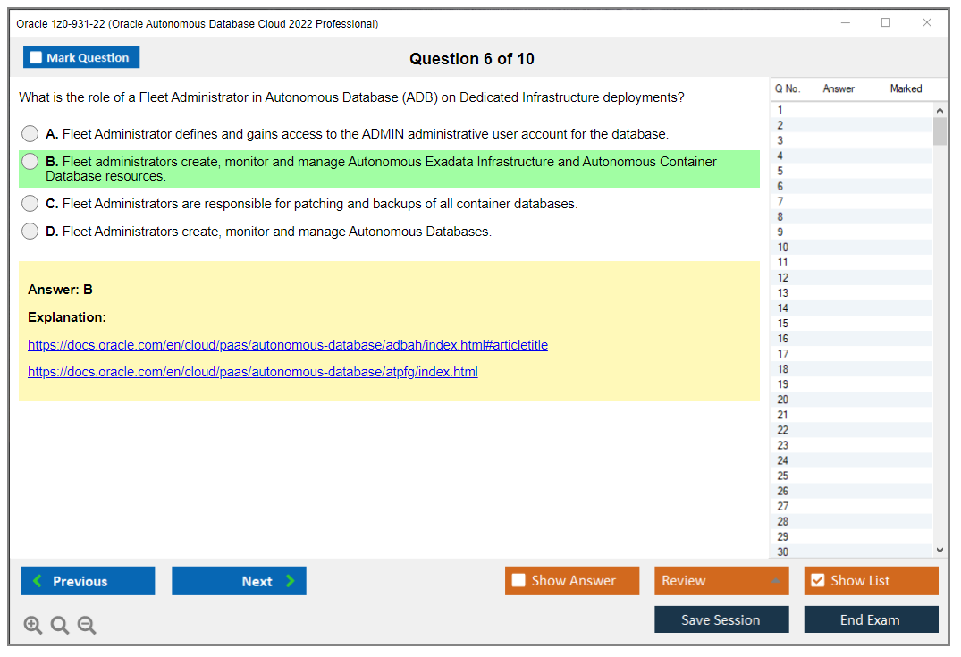 Oracle 1z0-931-22 (Oracle Autonomous Database Cloud 2022 Professional) Simulador de exame Motor de teste Dumps de exame 6