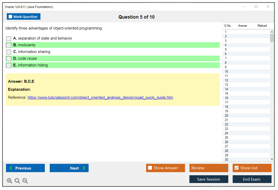 Oracle 1z0-811 (Java Foundations) Simulateur d'examen Moteur de test Dumps d'examen 5