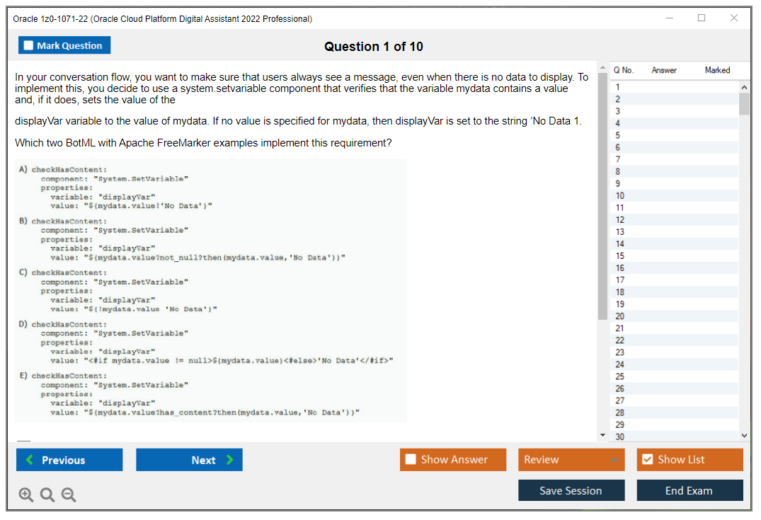 Oracle 1z0-1071-22 (Oracle Cloud Platform Digital Assistant 2022 Professional) Prüfungs-Simulator Test Engine Prüfungs-Dumps 1