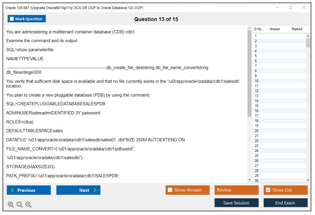Oracle 1z0-067 (Upgrade Oracle9i/10g/11g OCA OR OCP to Oracle Database 12c OCP) Симулятор экзамена Тестовый движок Экзаменационные дампы 13