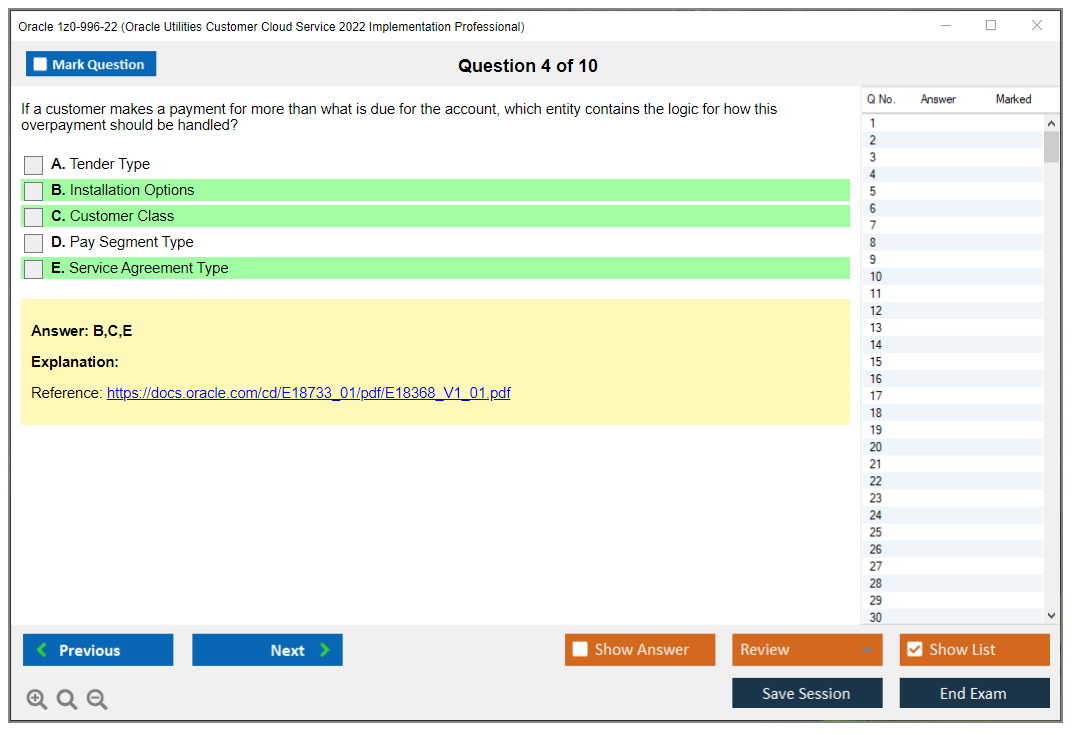 Oracle 1z0-996-22 (Oracle Utilities Customer Cloud Service 2022 Implementation Professional) Simulatore di esame Motore di test Dump degli esami 4