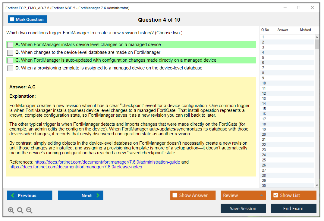 Fortinet FCP_FMG_AD-7.6 (Fortinet NSE 5 - FortiManager 7.6 Administrator) Simulador de examen Motor de pruebas Dumps de examen 4