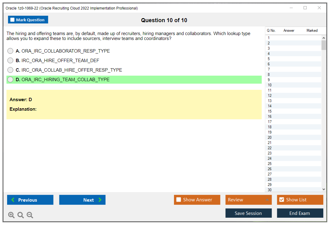 Oracle 1z0-1069-22 (Oracle Recruiting Cloud 2022 Implementation Professional) Simulateur d'examen Moteur de test Dumps d'examen 10