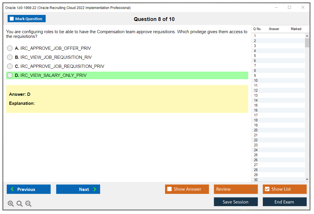 Oracle 1z0-1069-22 (Oracle Recruiting Cloud 2022 Implementation Professional) Simulateur d'examen Moteur de test Dumps d'examen 8