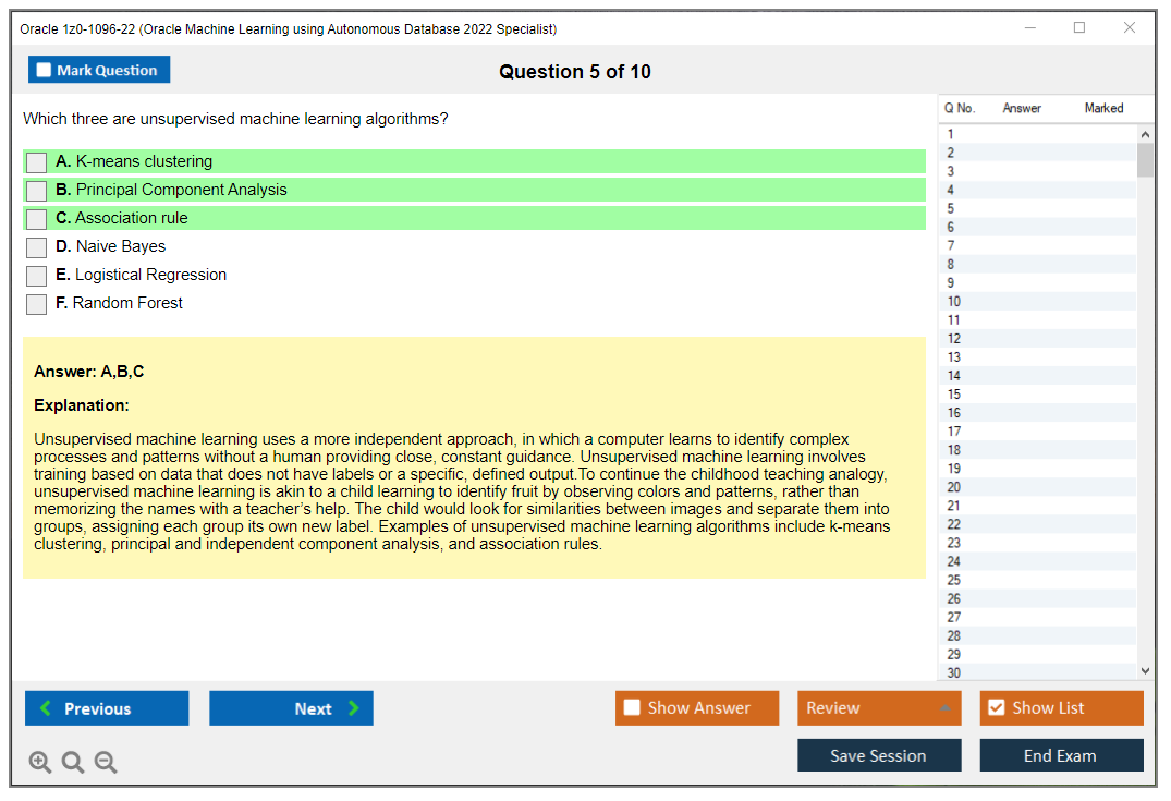 Oracle 1z0-1096-22 (Oracle Machine Learning using Autonomous Database 2022 Specialist) Simulador de examen Motor de pruebas Dumps de examen 5
