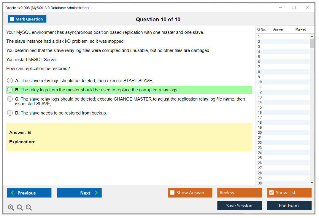 Oracle 1z0-908 (MySQL 8.0 Database Administrator) Simulador de exame Motor de teste Dumps de exame 10