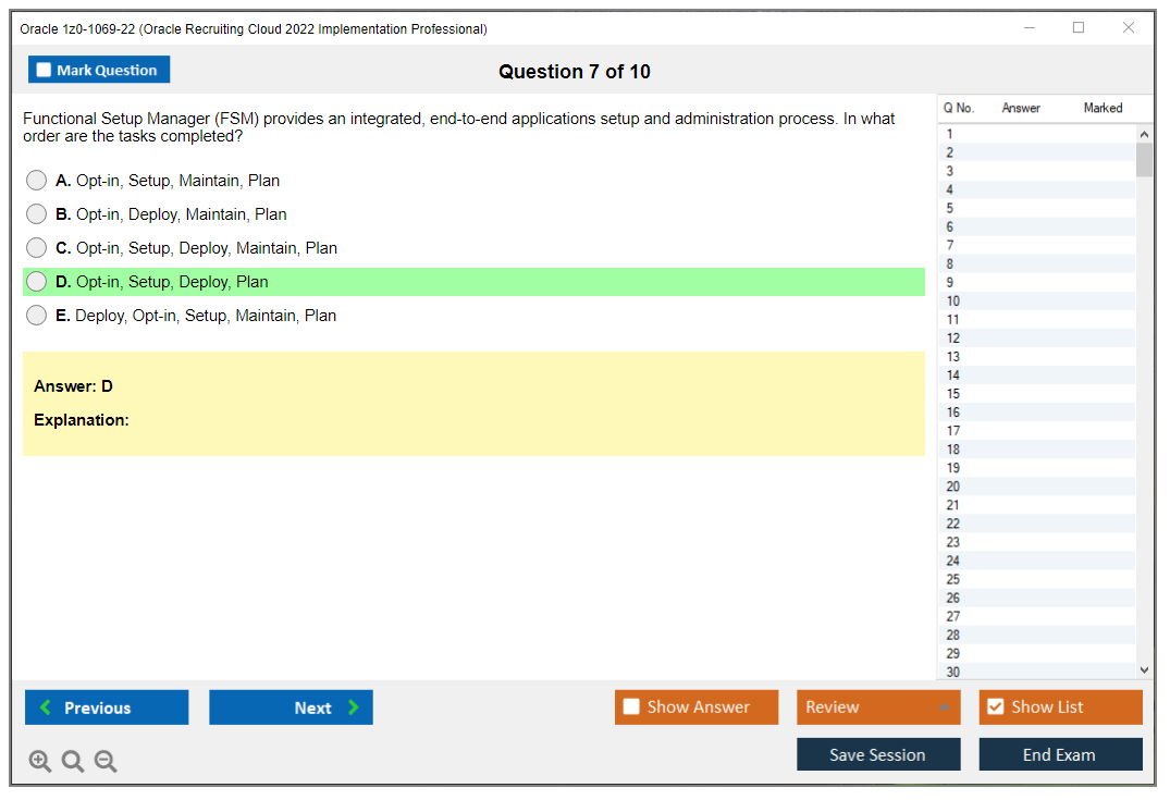 Oracle 1z0-1069-22 (Oracle Recruiting Cloud 2022 Implementation Professional) Simulateur d'examen Moteur de test Dumps d'examen 7