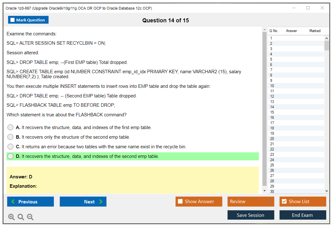 Oracle 1z0-067 (Upgrade Oracle9i/10g/11g OCA OR OCP to Oracle Database 12c OCP) Симулятор экзамена Тестовый движок Экзаменационные дампы 14