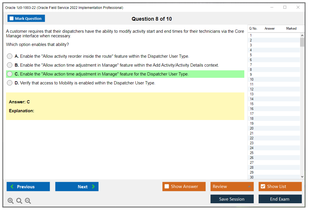 Oracle 1z0-1003-22 (Oracle Field Service 2022 Implementation Professional) Exam Simulator Test Engine Practice Exam 8