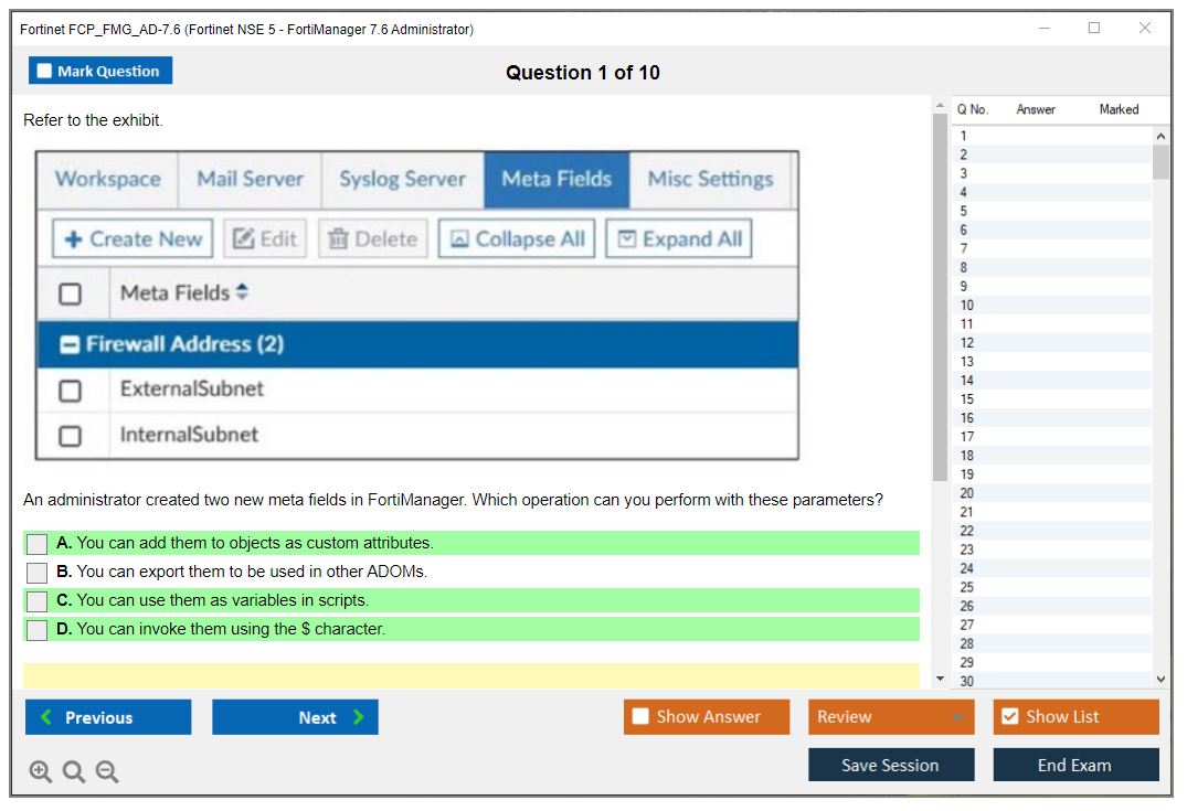 Fortinet FCP_FMG_AD-7.6 (Fortinet NSE 5 - FortiManager 7.6 Administrator) Simulador de examen Motor de pruebas Dumps de examen 1