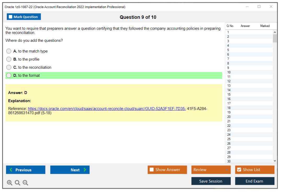 Oracle 1z0-1087-22 (Oracle Account Reconciliation 2022 Implementation Professional) Prüfungs-Simulator Test Engine Prüfungs-Dumps 9