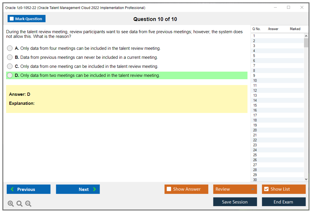 Oracle 1z0-1052-22 (Oracle Talent Management Cloud 2022 Implementation Professional) Simulatore di esame Motore di test Dump degli esami 10
