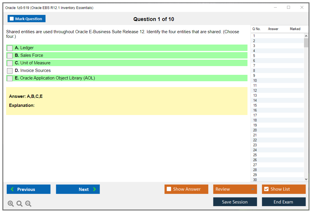 Oracle 1z0-519 (Oracle EBS R12.1 Inventory Essentials) Simulador de examen Motor de pruebas Dumps de examen 1