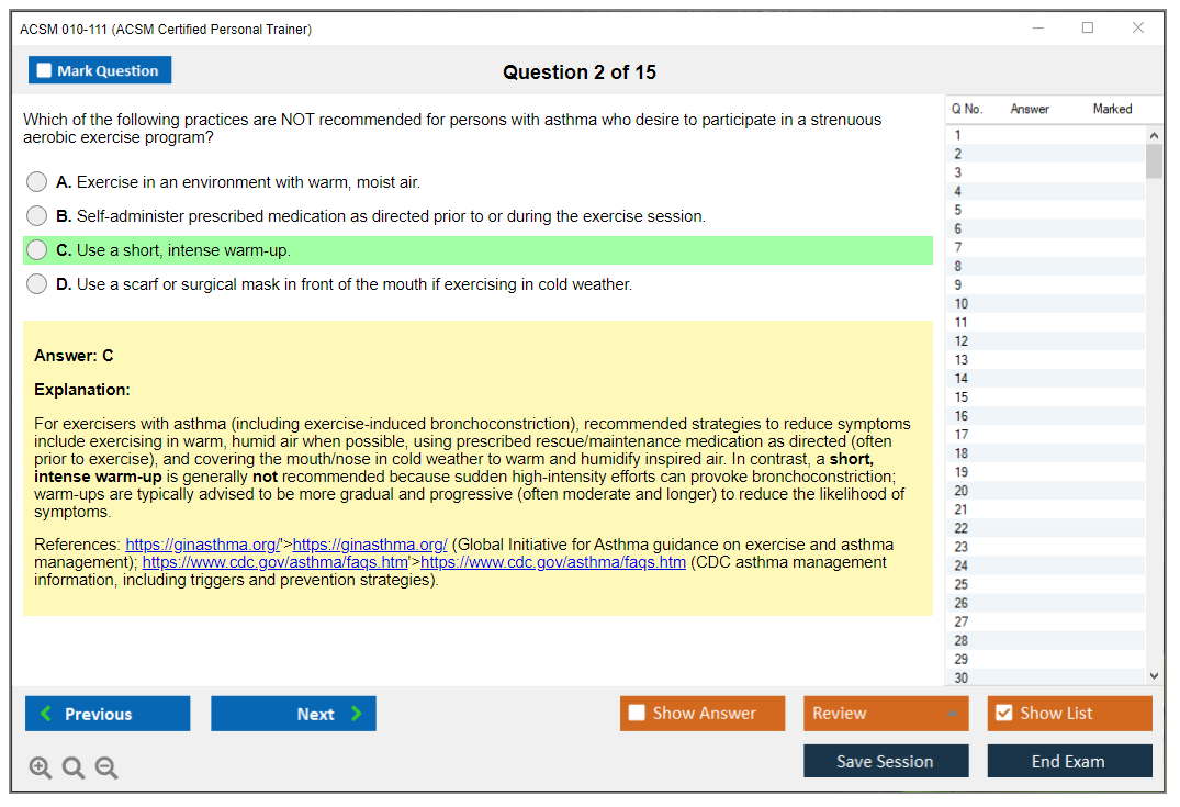 ACSM 010-111 (ACSM Certified Personal Trainer) Simulateur d'examen Moteur de test Dumps d'examen 2
