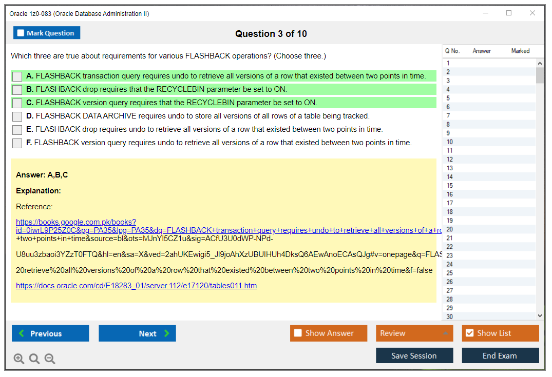 Oracle 1z0-083 (Oracle Database Administration II) Simulatore di esame Motore di test Dump degli esami 3