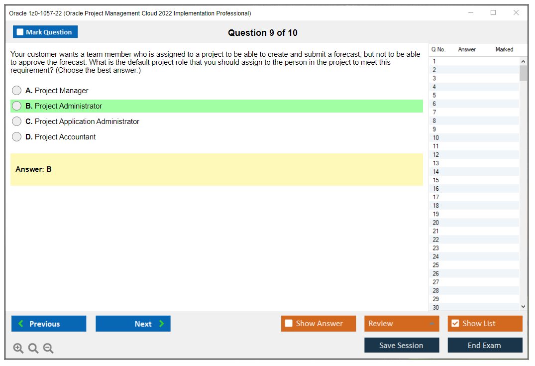 Oracle 1z0-1057-22 (Oracle Project Management Cloud 2022 Implementation Professional) Simulatore di esame Motore di test Dump degli esami 9