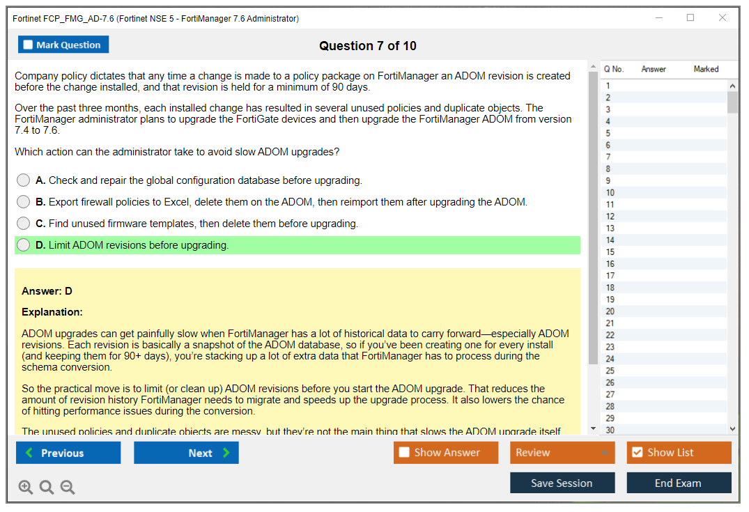 Fortinet FCP_FMG_AD-7.6 (Fortinet NSE 5 - FortiManager 7.6 Administrator) Simulador de examen Motor de pruebas Dumps de examen 7