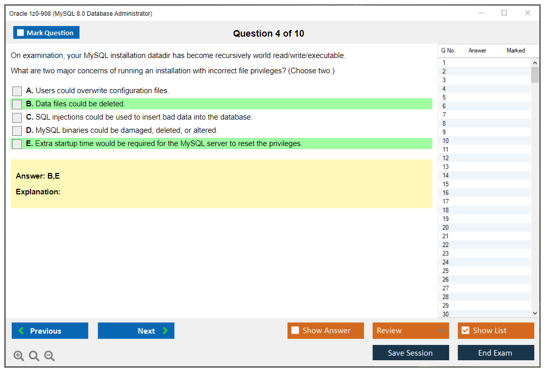 Oracle 1z0-908 (MySQL 8.0 Database Administrator) Simulador de exame Motor de teste Dumps de exame 4
