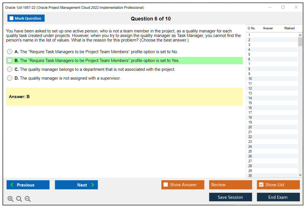 Oracle 1z0-1057-22 (Oracle Project Management Cloud 2022 Implementation Professional) Simulatore di esame Motore di test Dump degli esami 6