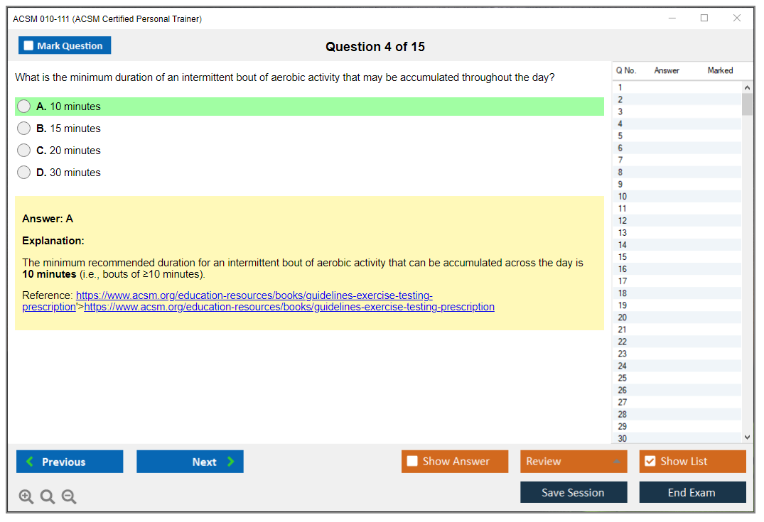 ACSM 010-111 (ACSM Certified Personal Trainer) Simulateur d'examen Moteur de test Dumps d'examen 4