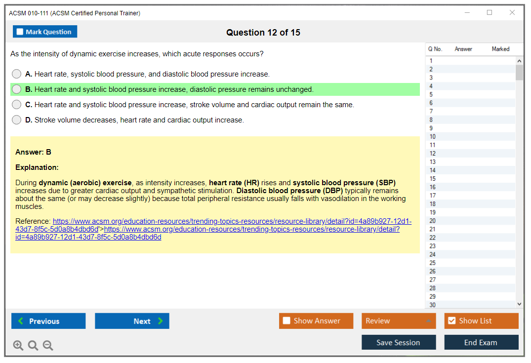 ACSM 010-111 (ACSM Certified Personal Trainer) Simulateur d'examen Moteur de test Dumps d'examen 12