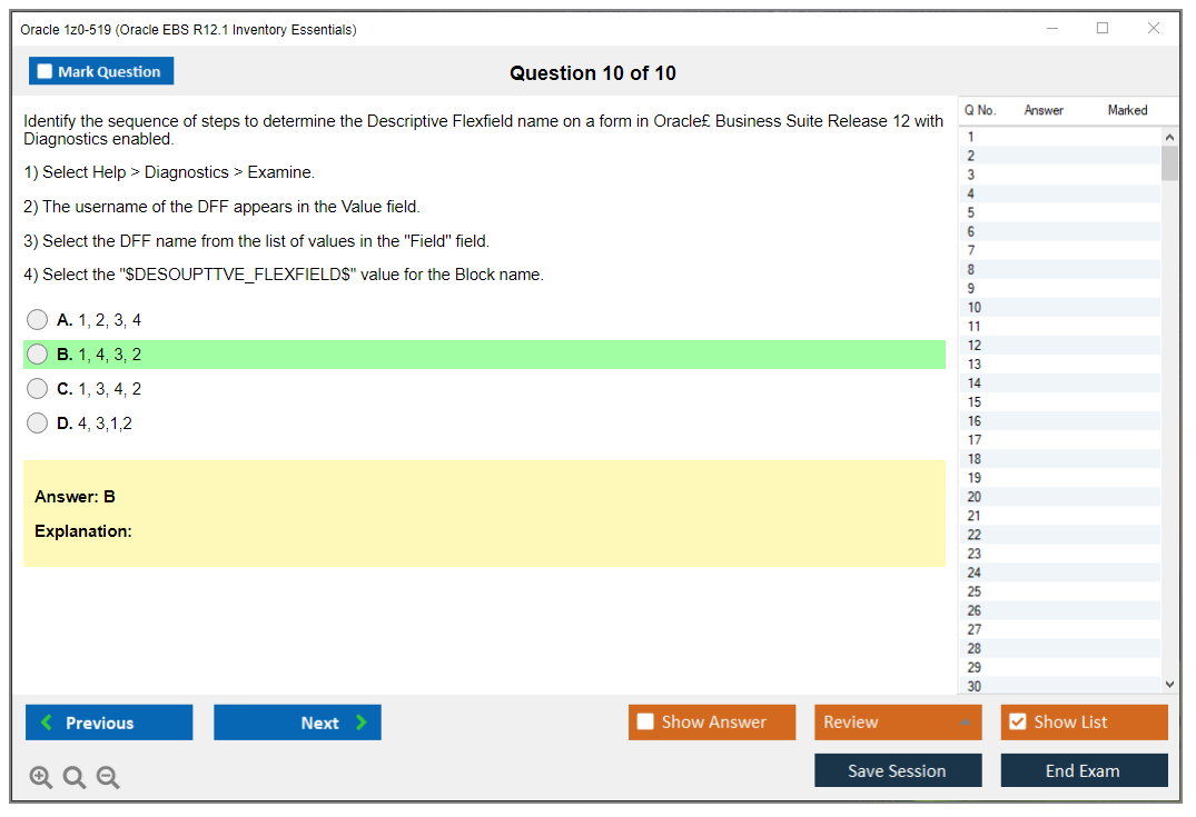 Oracle 1z0-519 (Oracle EBS R12.1 Inventory Essentials) Simulador de examen Motor de pruebas Dumps de examen 10