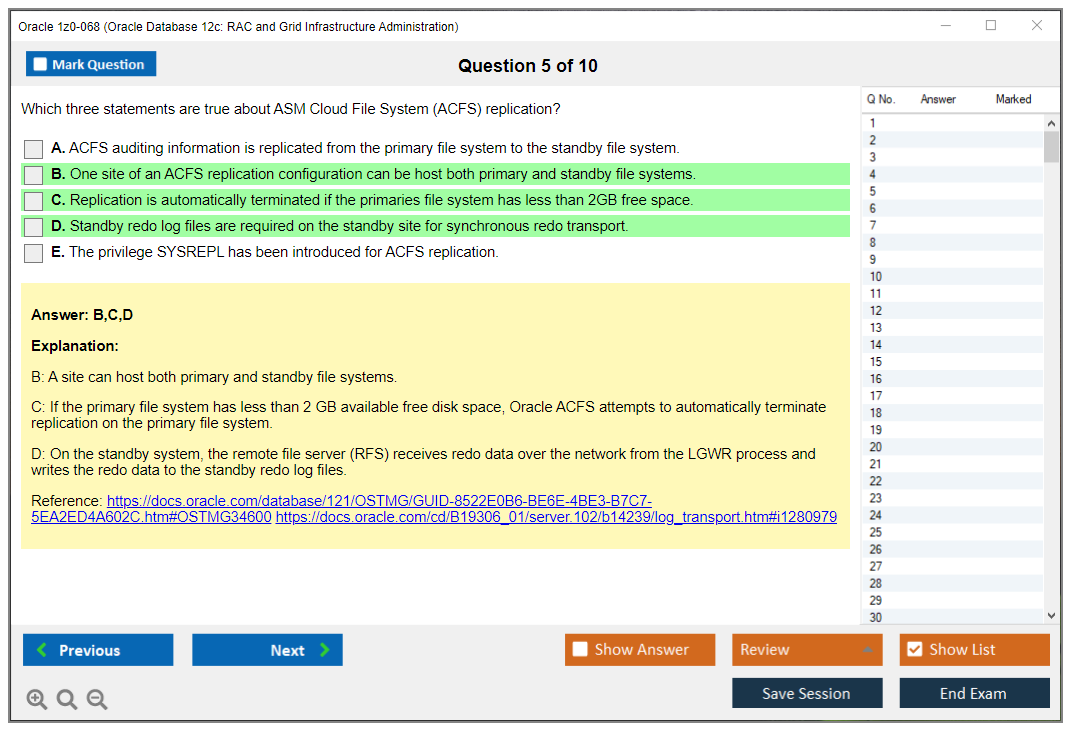 Oracle 1z0-068 (Oracle Database 12c: RAC and Grid Infrastructure Administration) Симулятор экзамена Тестовый движок Экзаменационные дампы 5