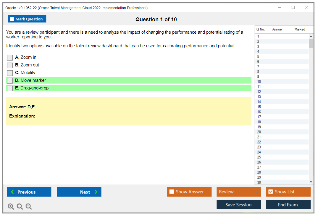 Oracle 1z0-1052-22 (Oracle Talent Management Cloud 2022 Implementation Professional) Simulatore di esame Motore di test Dump degli esami 1