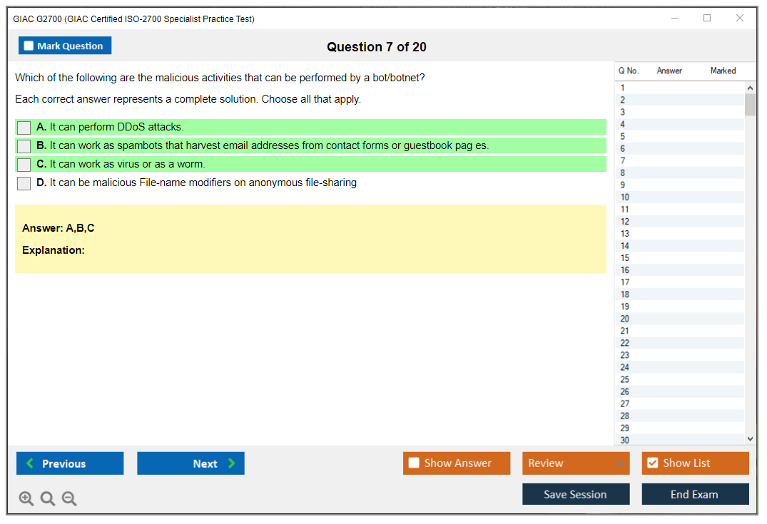 GIAC G2700 (GIAC Certified ISO-2700 Specialist Practice Test) Exam Simulator Test Engine Practice Exam 7