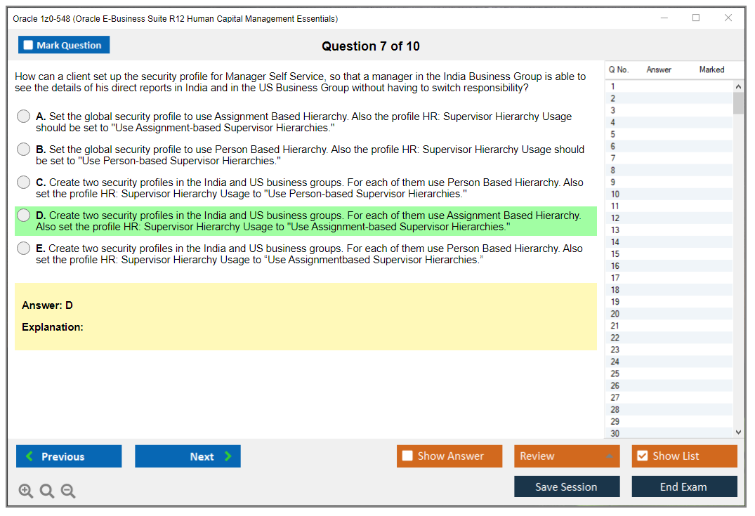 Oracle 1z0-548 (Oracle E-Business Suite R12 Human Capital Management Essentials) Simulateur d'examen Moteur de test Dumps d'examen 7