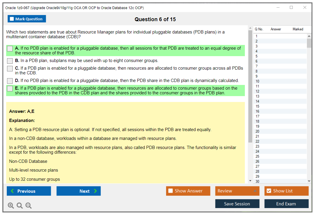 Oracle 1z0-067 (Upgrade Oracle9i/10g/11g OCA OR OCP to Oracle Database 12c OCP) Симулятор экзамена Тестовый движок Экзаменационные дампы 6