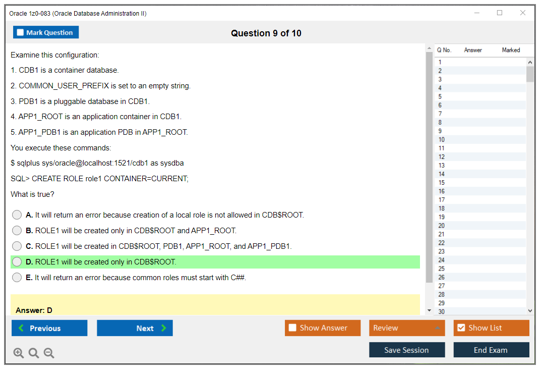 Oracle 1z0-083 (Oracle Database Administration II) Simulatore di esame Motore di test Dump degli esami 9