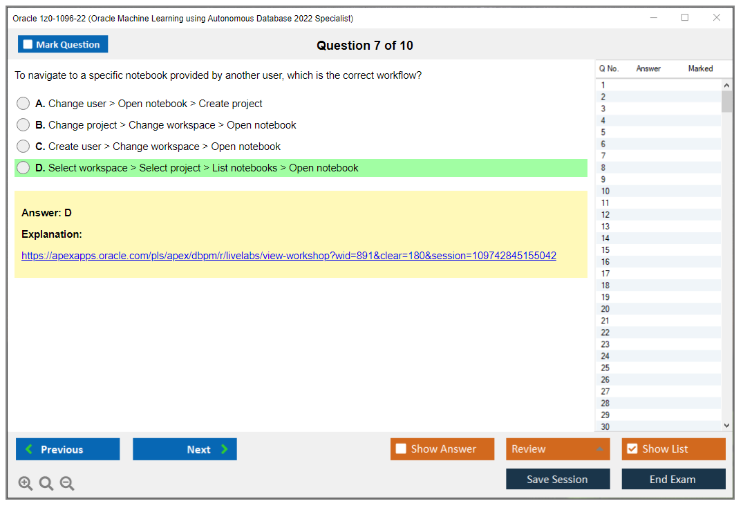 Oracle 1z0-1096-22 (Oracle Machine Learning using Autonomous Database 2022 Specialist) Simulador de examen Motor de pruebas Dumps de examen 7