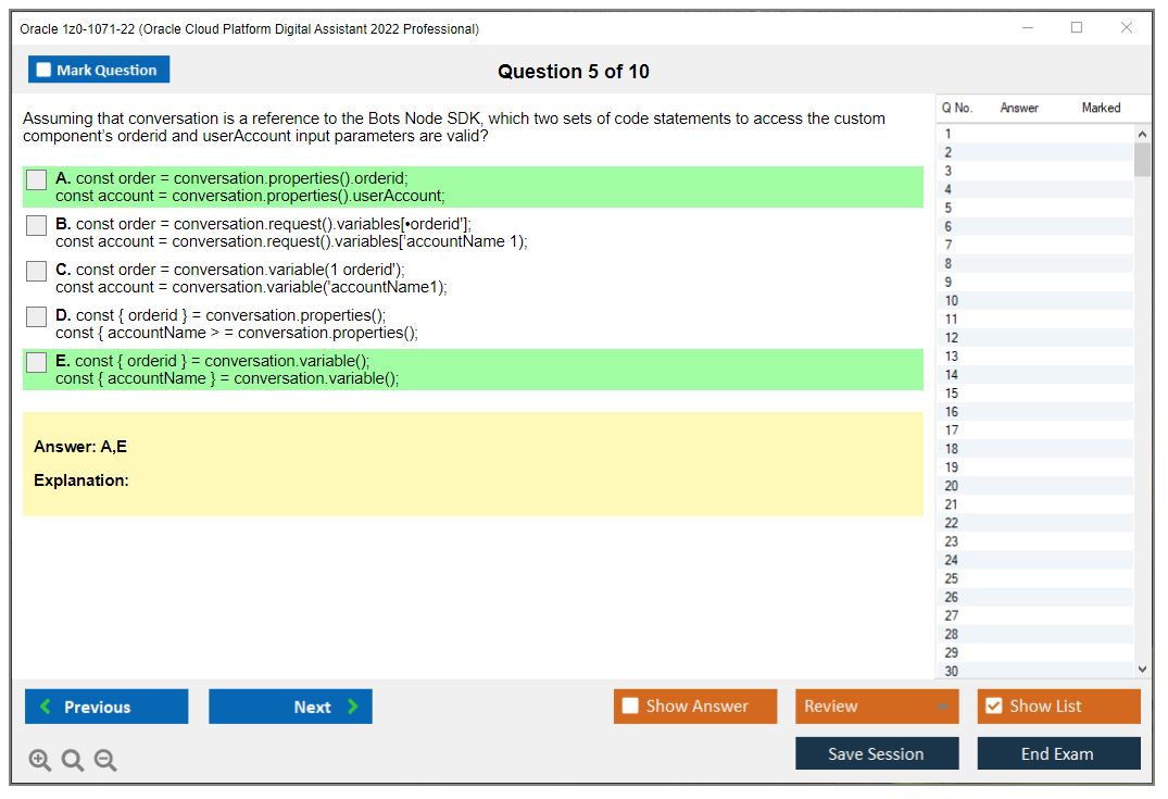 Oracle 1z0-1071-22 (Oracle Cloud Platform Digital Assistant 2022 Professional) Prüfungs-Simulator Test Engine Prüfungs-Dumps 5