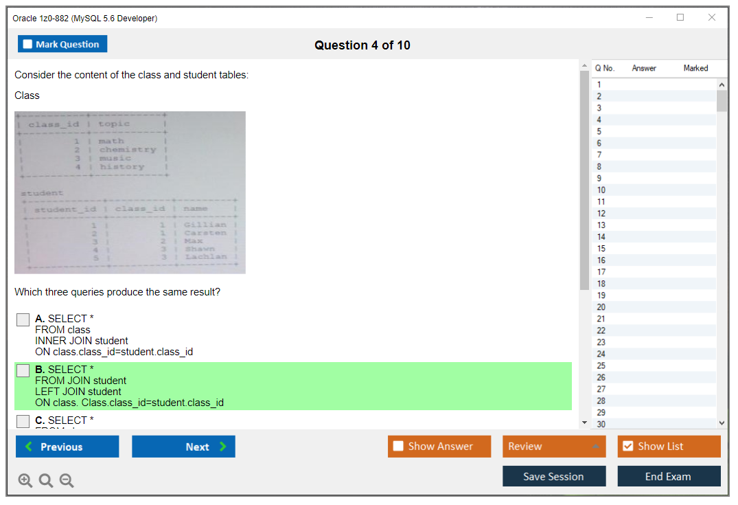 Oracle 1z0-882 (MySQL 5.6 Developer) Exam Simulator Test Engine Practice Exam 4